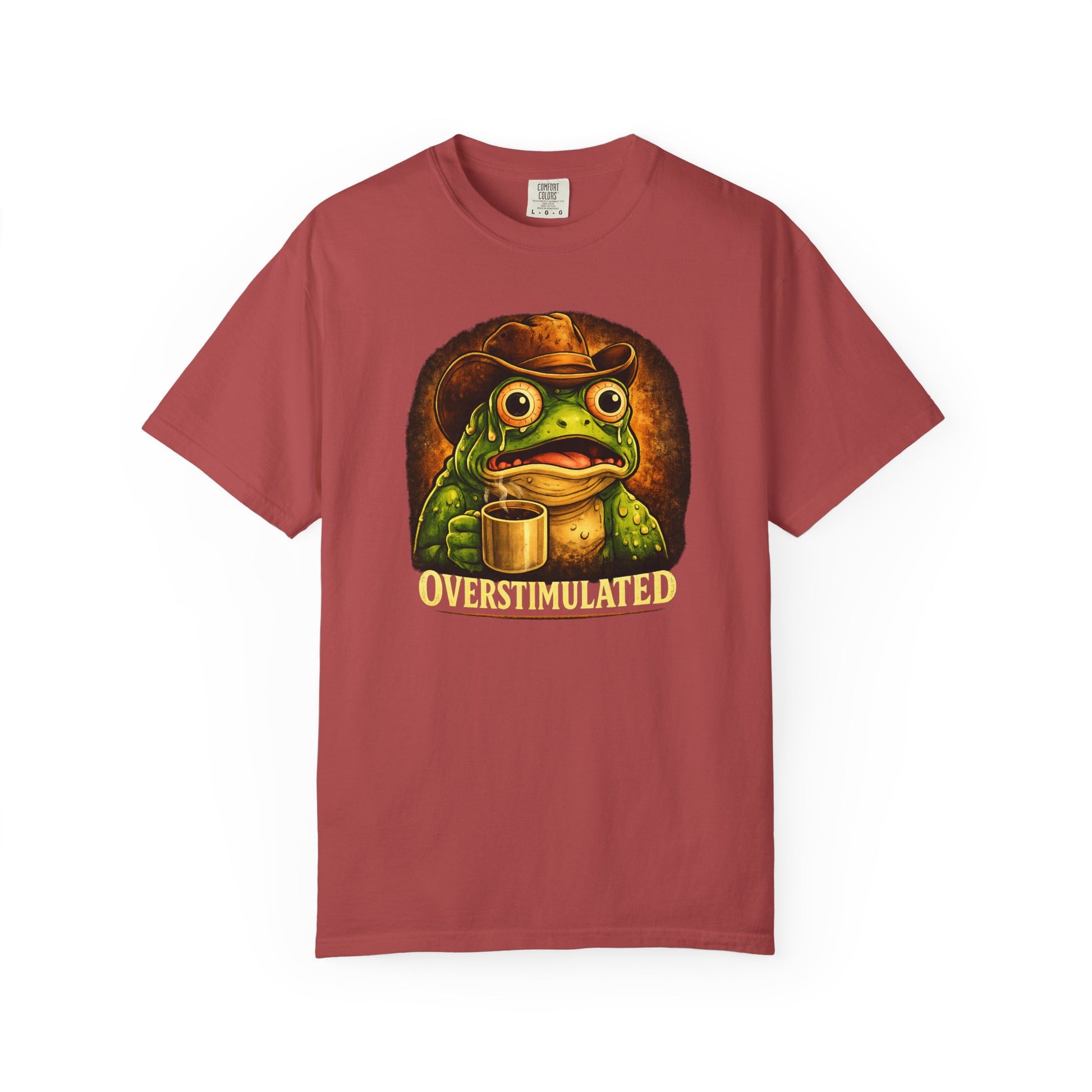 Overstimulated Frog with Coffee T-Shirt | Funny Frog Illustration Tee