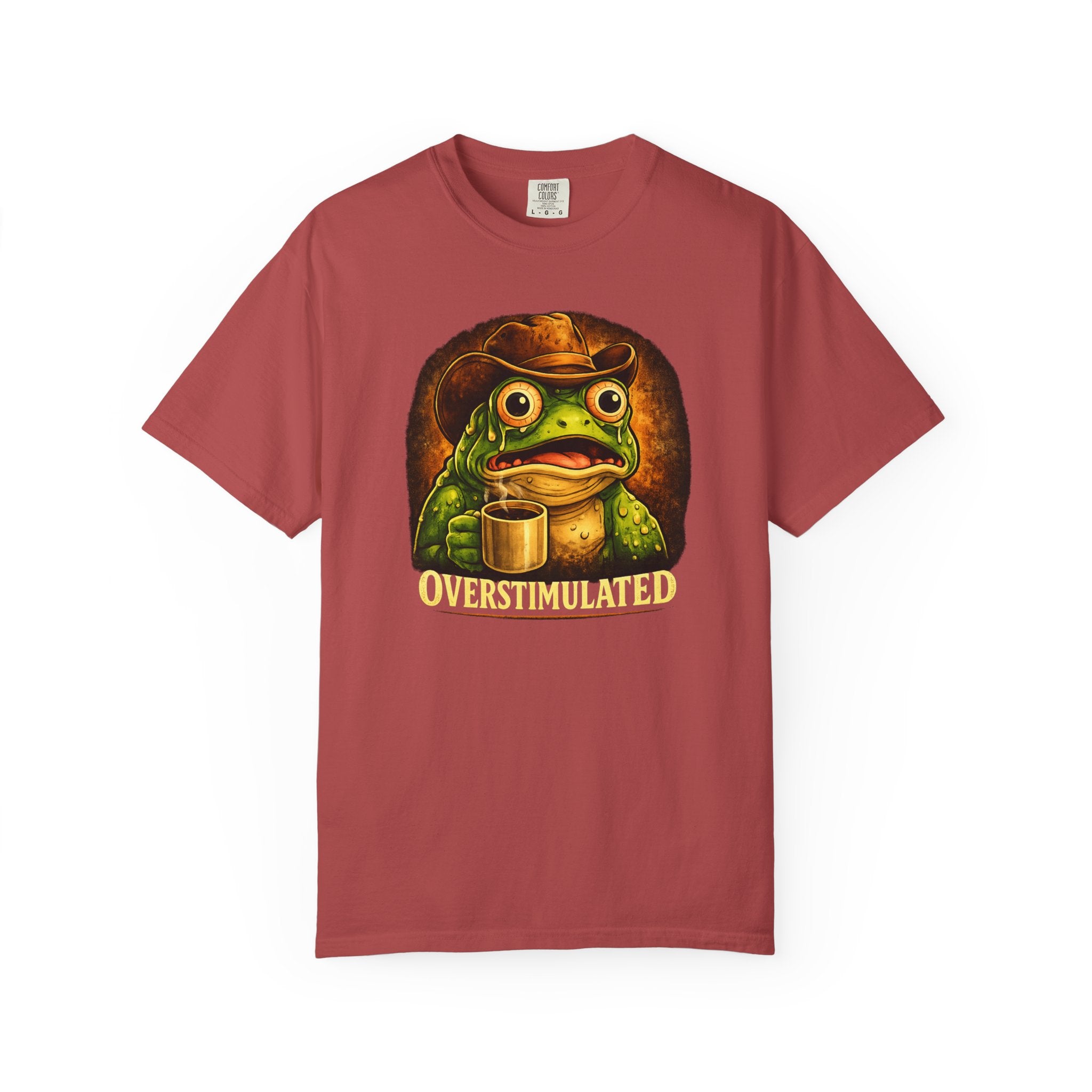 Overstimulated Frog with Coffee T-Shirt | Funny Frog Illustration Tee