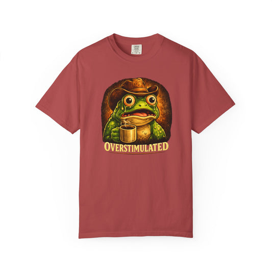 Overstimulated Frog with Coffee T-Shirt | Funny Frog Illustration Tee
