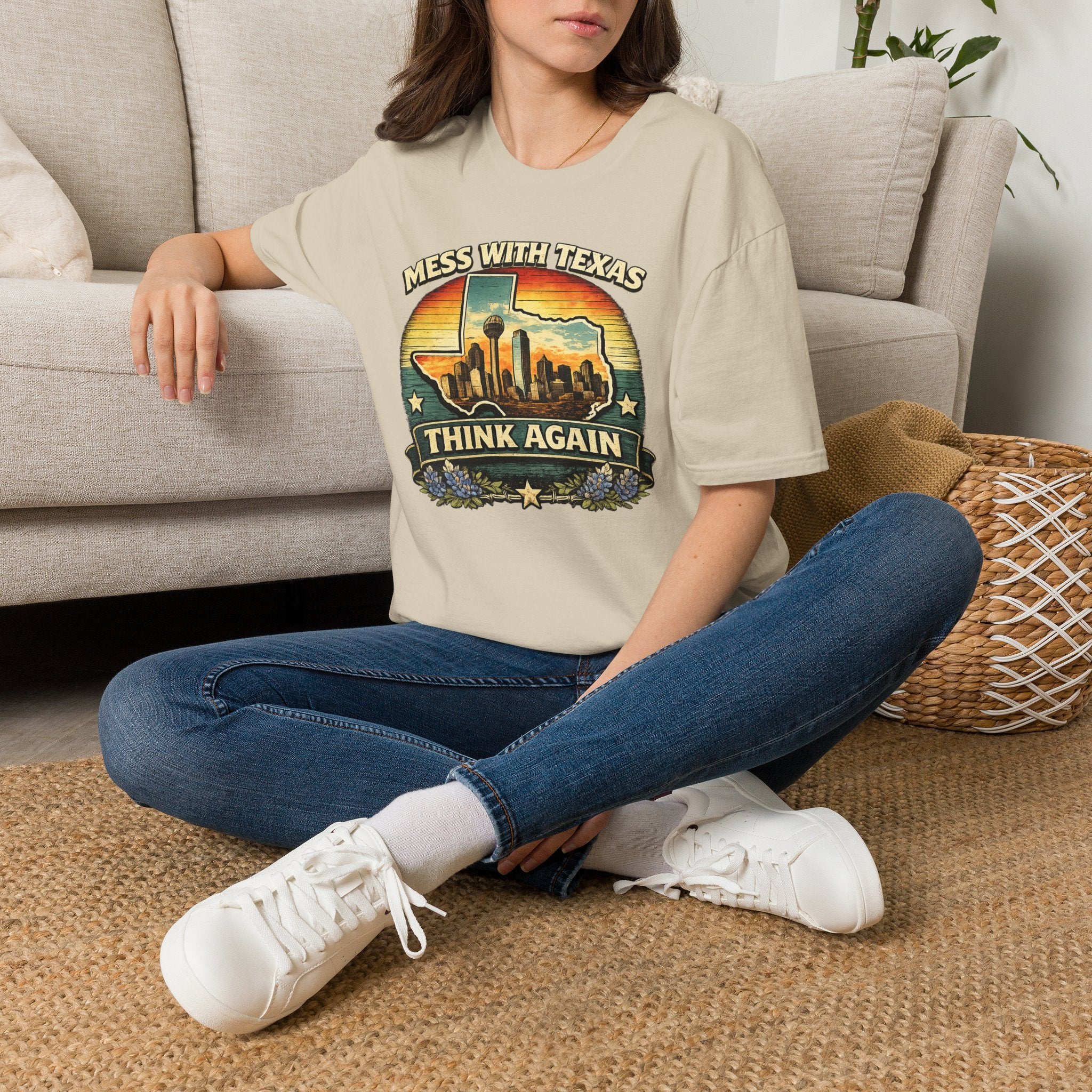 Mess With Texas Think Again Tee Shirt | Texas Skyline Graphic Tee