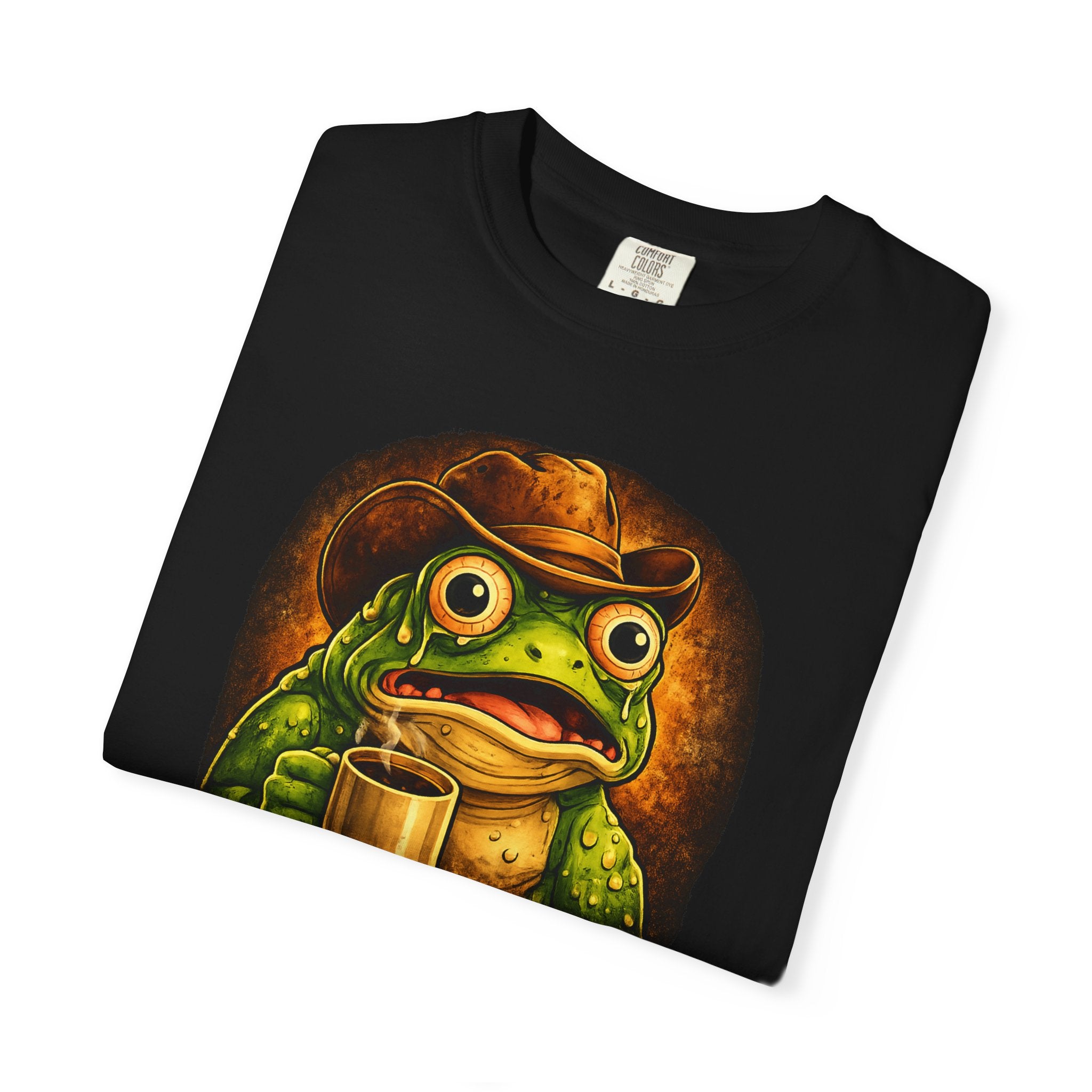 Overstimulated Frog with Coffee T-Shirt | Funny Frog Illustration Tee