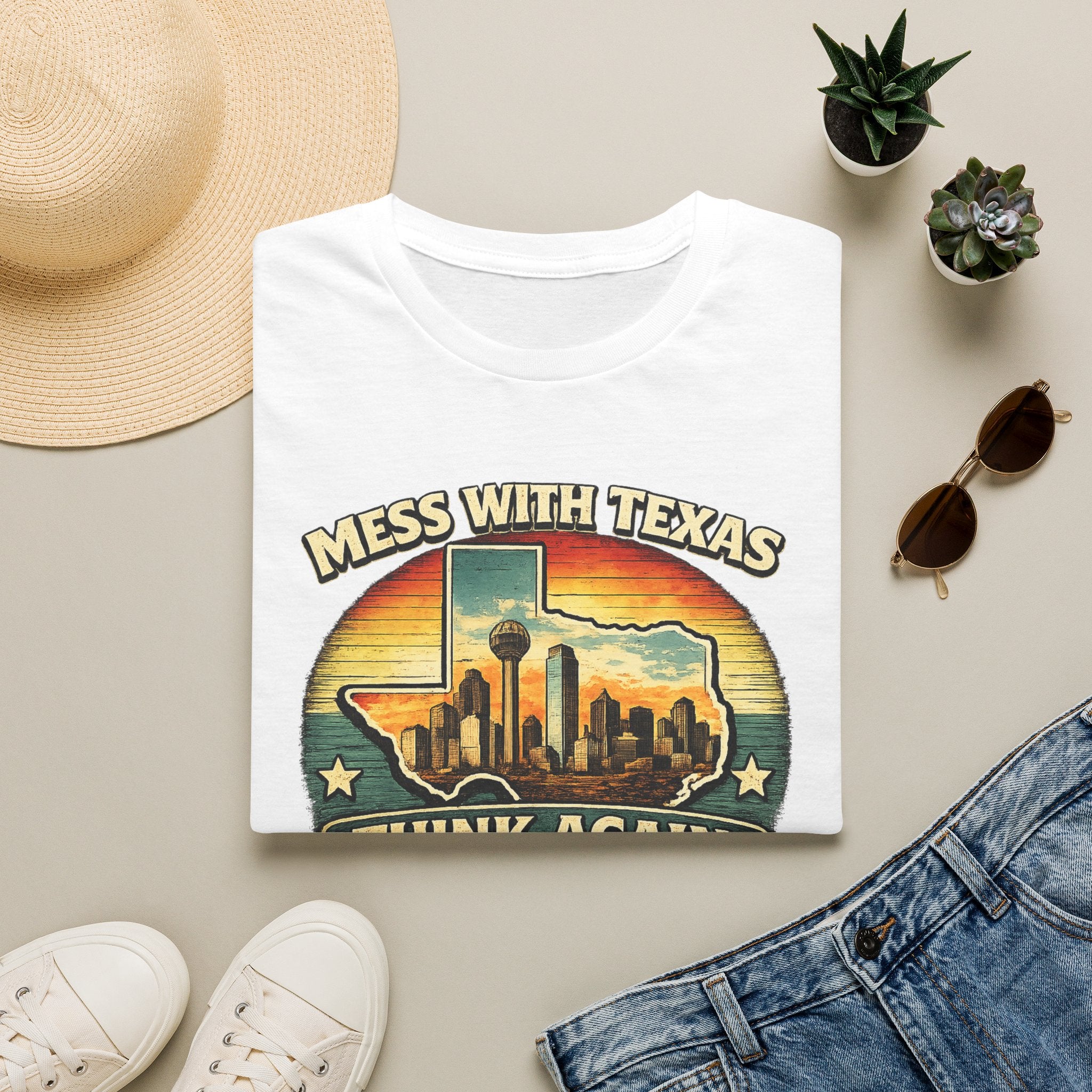Mess With Texas Think Again Tee Shirt | Texas Skyline Graphic Tee