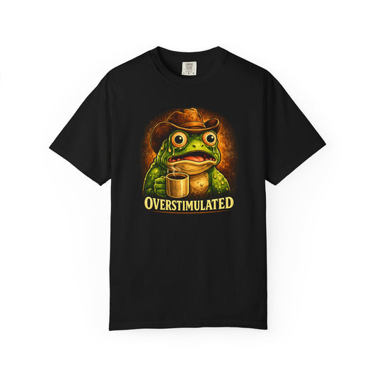 Overstimulated Frog with Coffee T-Shirt | Funny Frog Illustration Tee