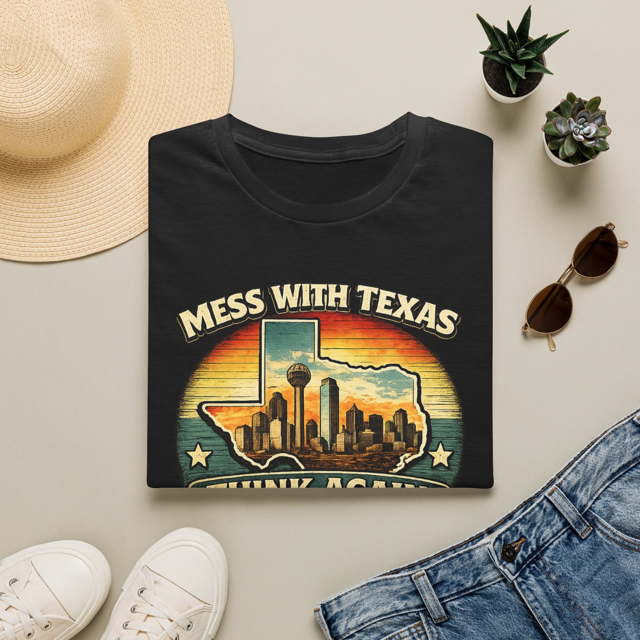 Mess With Texas Think Again Tee Shirt | Texas Skyline Graphic Tee
