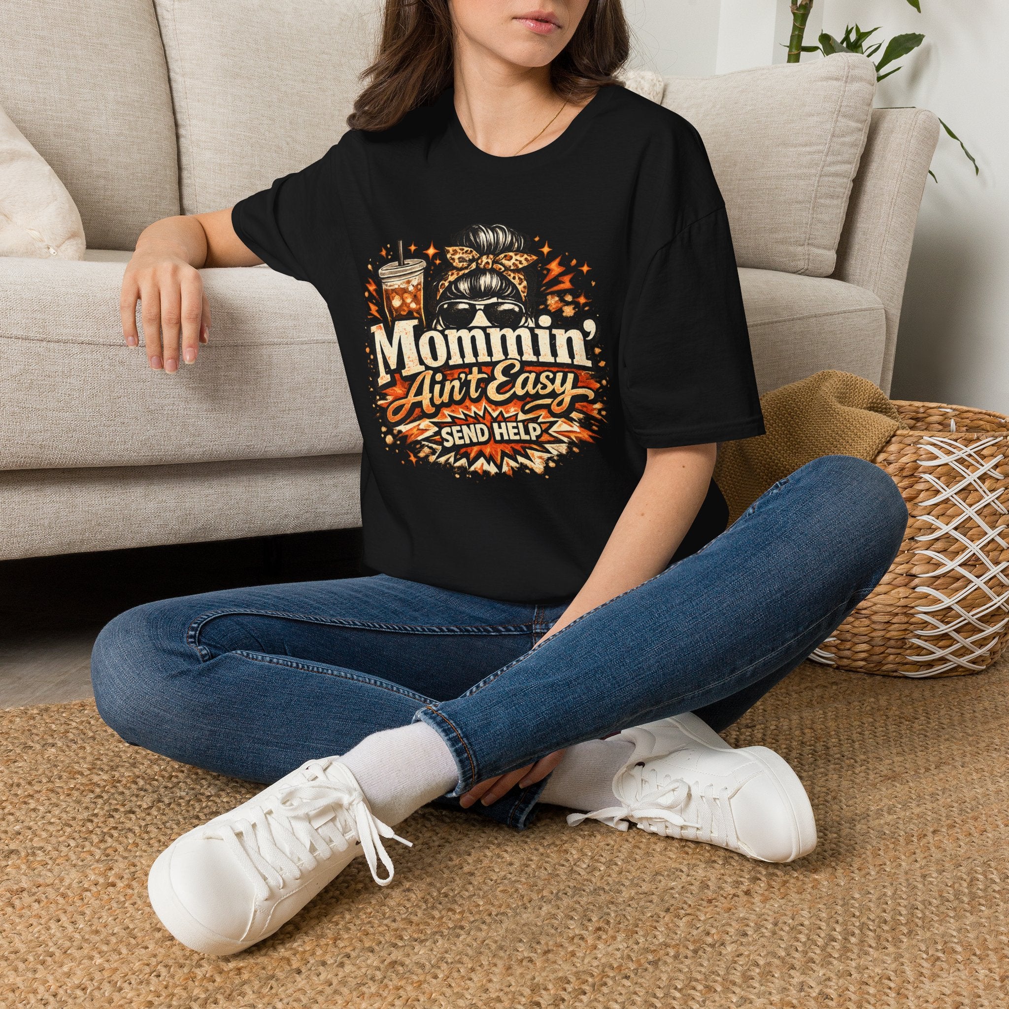 Mommin' Ain't Easy Send Help T-Shirt | Messy Bun Coffee Mom
