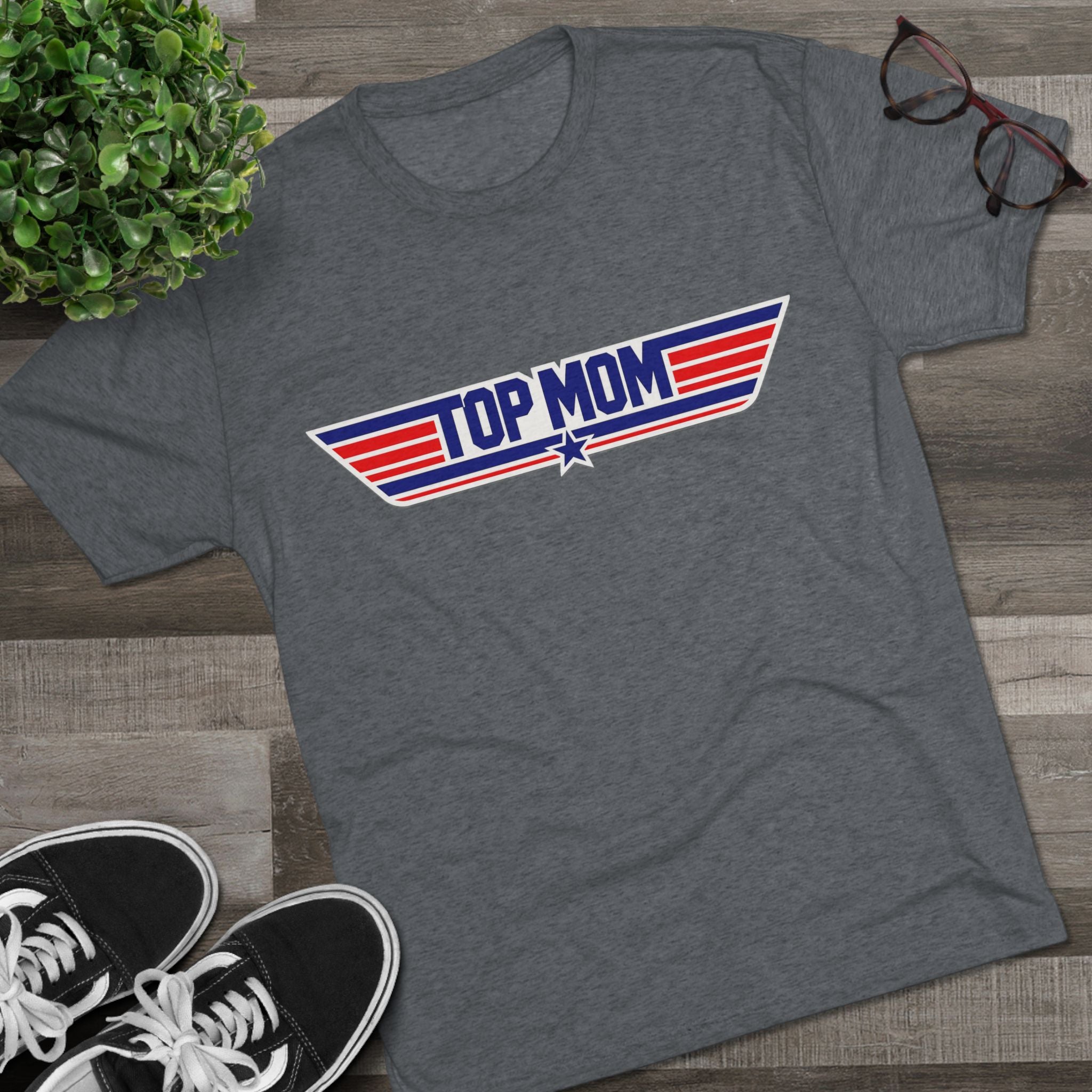 Top Mom Retro Aviation Logo Tee | Patriotic Star Stripes Mom Shirt