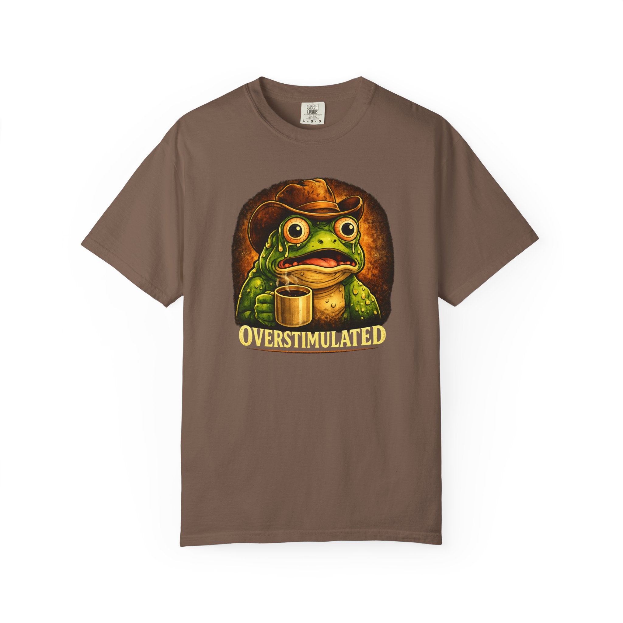 Overstimulated Frog with Coffee T-Shirt | Funny Frog Illustration Tee