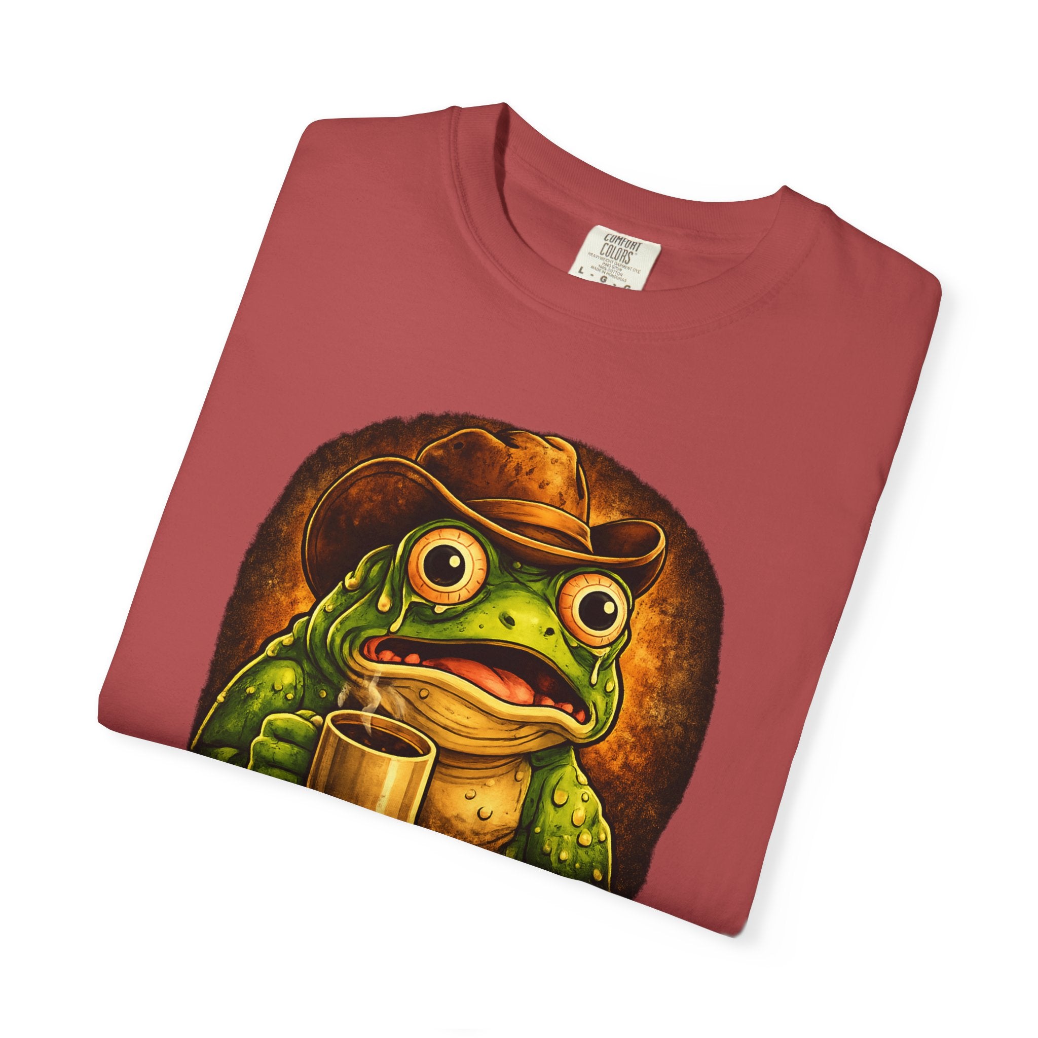 Overstimulated Frog with Coffee T-Shirt | Funny Frog Illustration Tee
