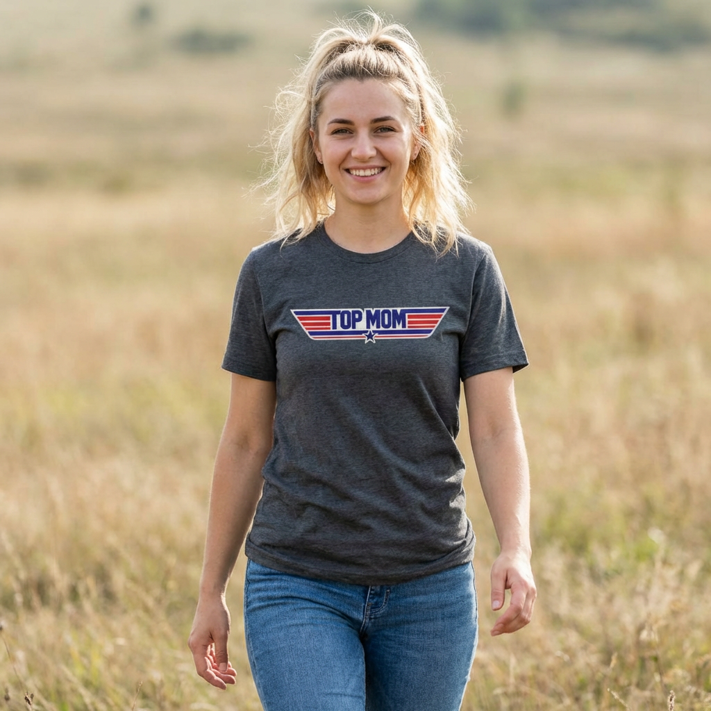 Top Mom Retro Aviation Logo Tee | Patriotic Star Stripes Mom Shirt