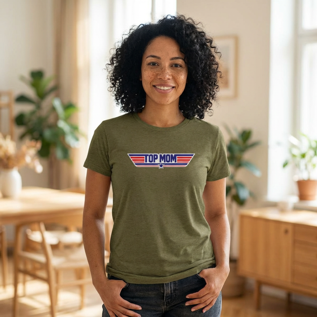 Top Mom Retro Aviation Logo Tee | Patriotic Star Stripes Mom Shirt