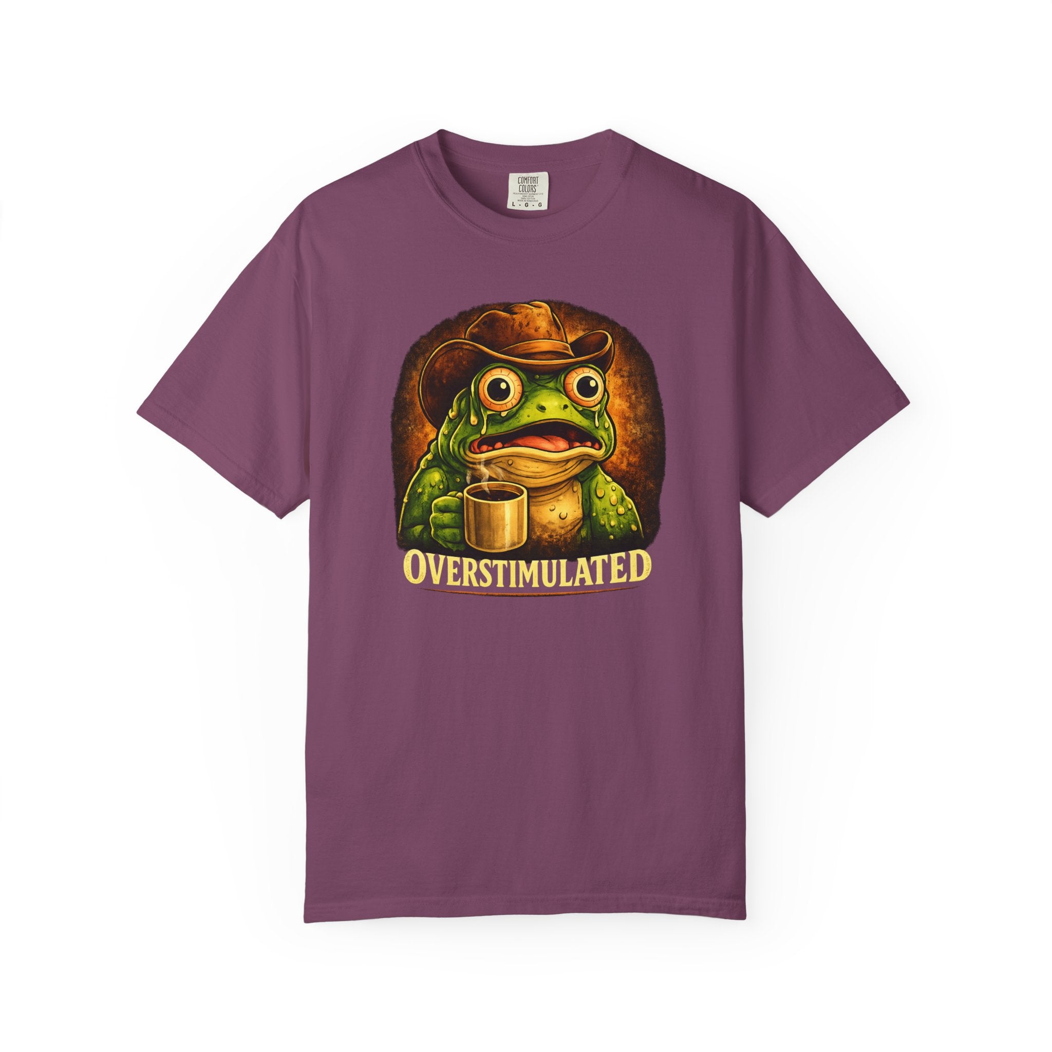 Overstimulated Frog with Coffee T-Shirt | Funny Frog Illustration Tee