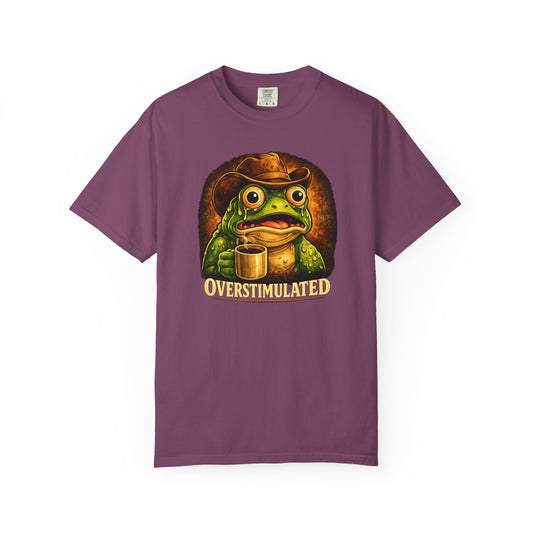 Overstimulated Frog with Coffee T-Shirt | Funny Frog Illustration Tee