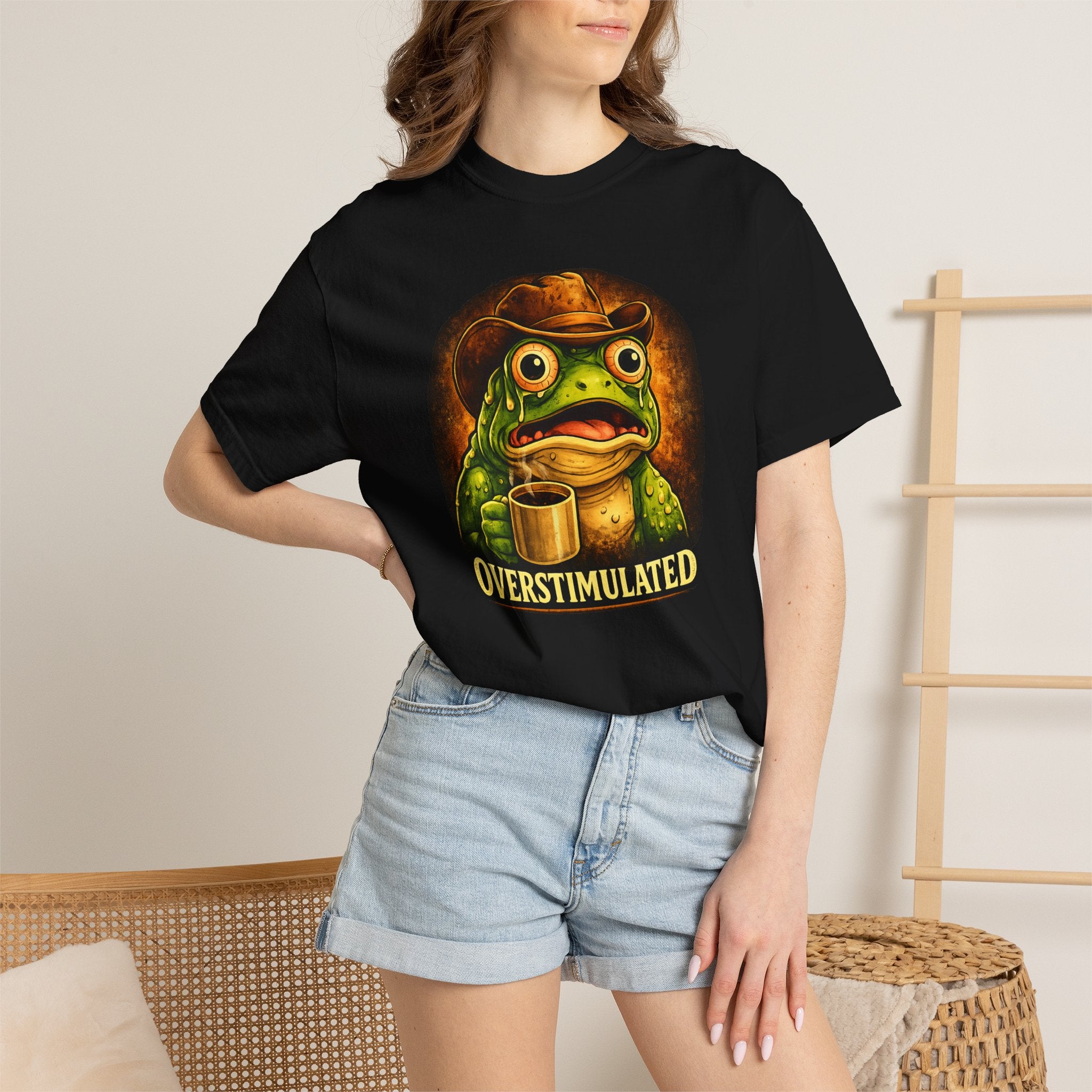 Overstimulated Frog with Coffee T-Shirt | Funny Frog Illustration Tee