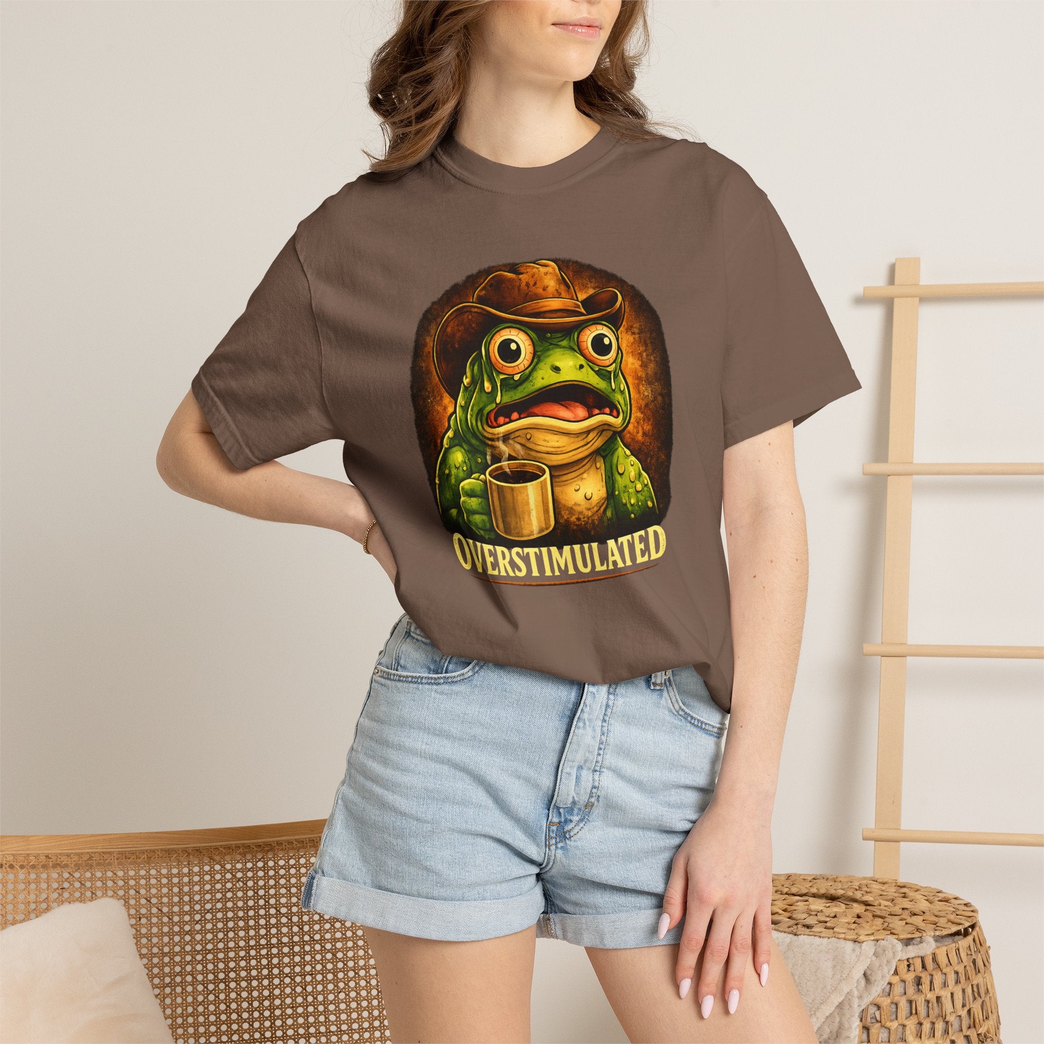 Overstimulated Frog with Coffee T-Shirt | Funny Frog Illustration Tee