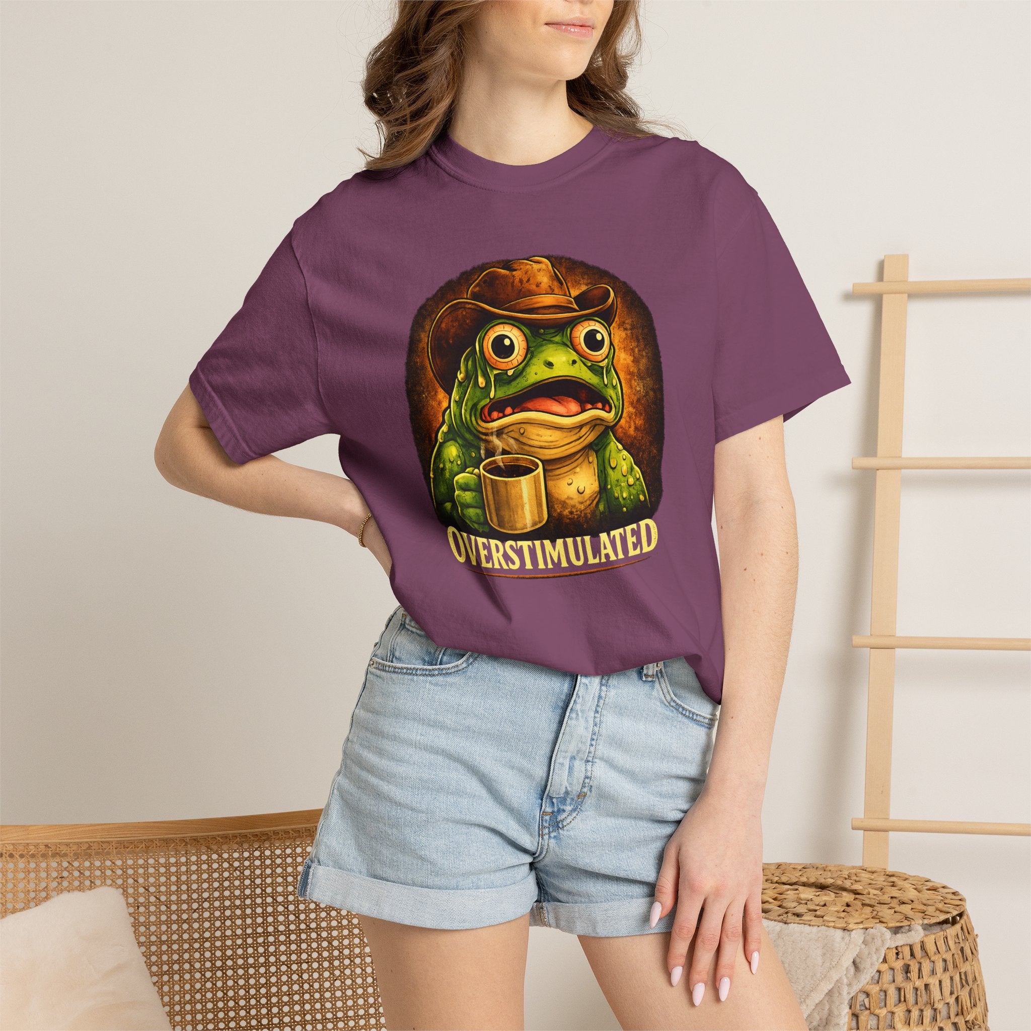 Overstimulated Frog with Coffee T-Shirt | Funny Frog Illustration Tee