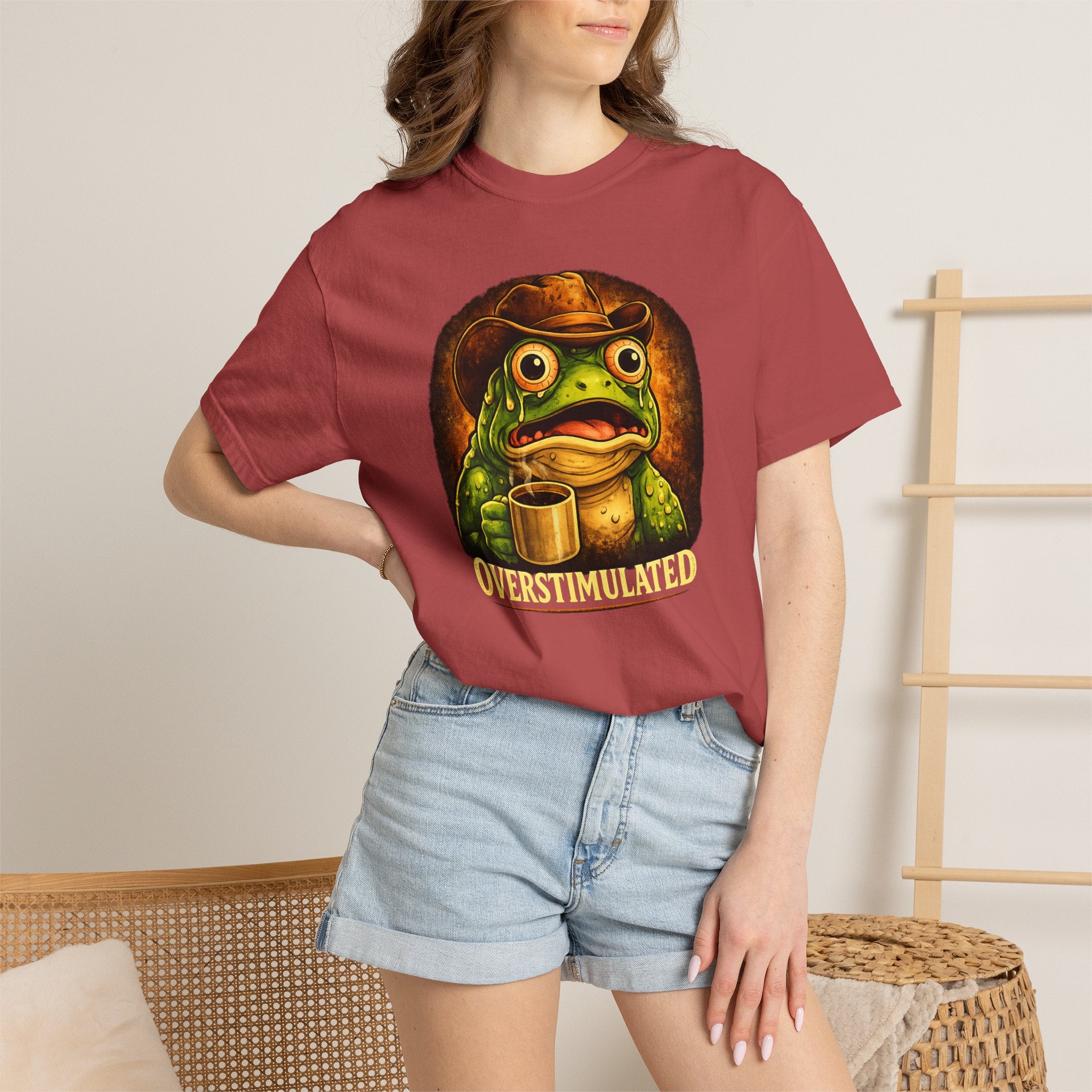 Overstimulated Frog with Coffee T-Shirt | Funny Frog Illustration Tee