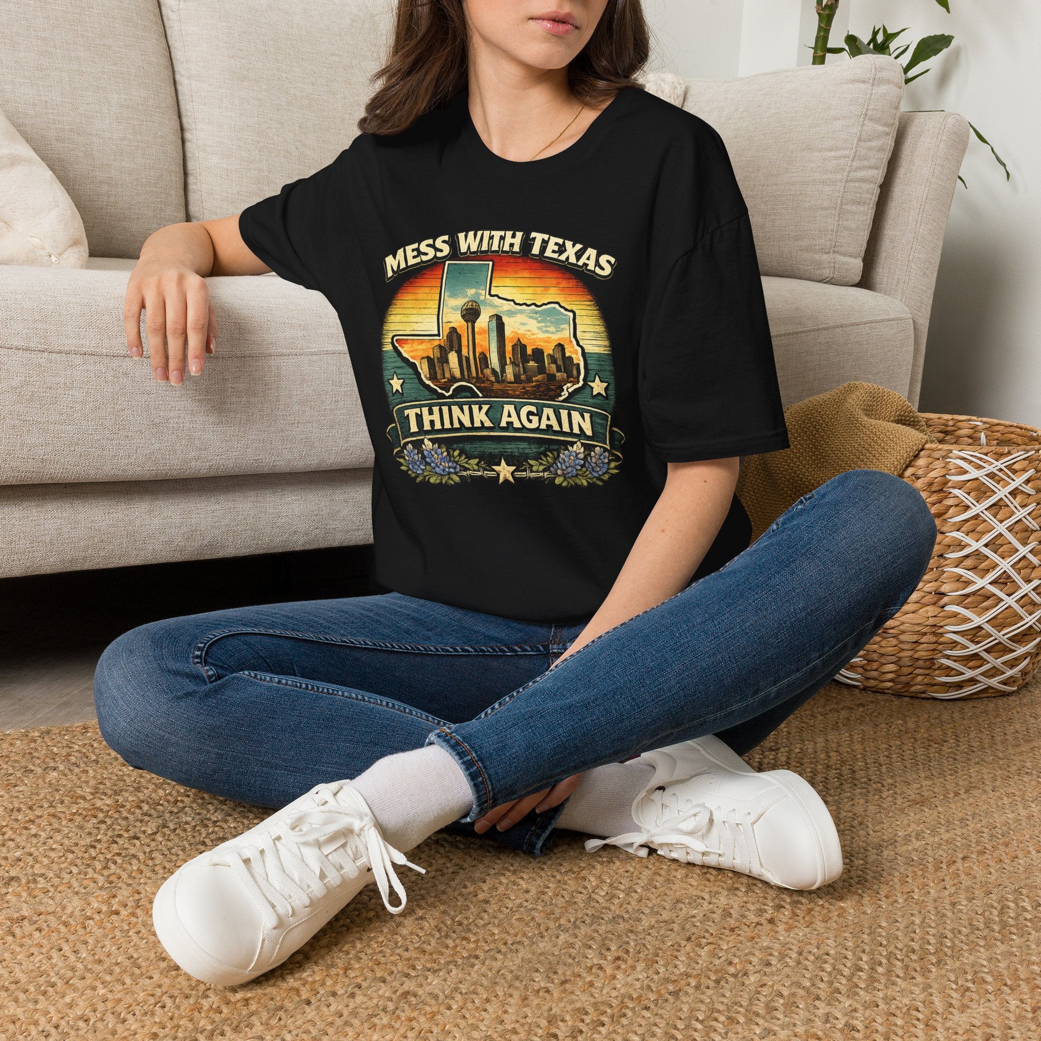 Mess With Texas Think Again Tee Shirt | Texas Skyline Graphic Tee