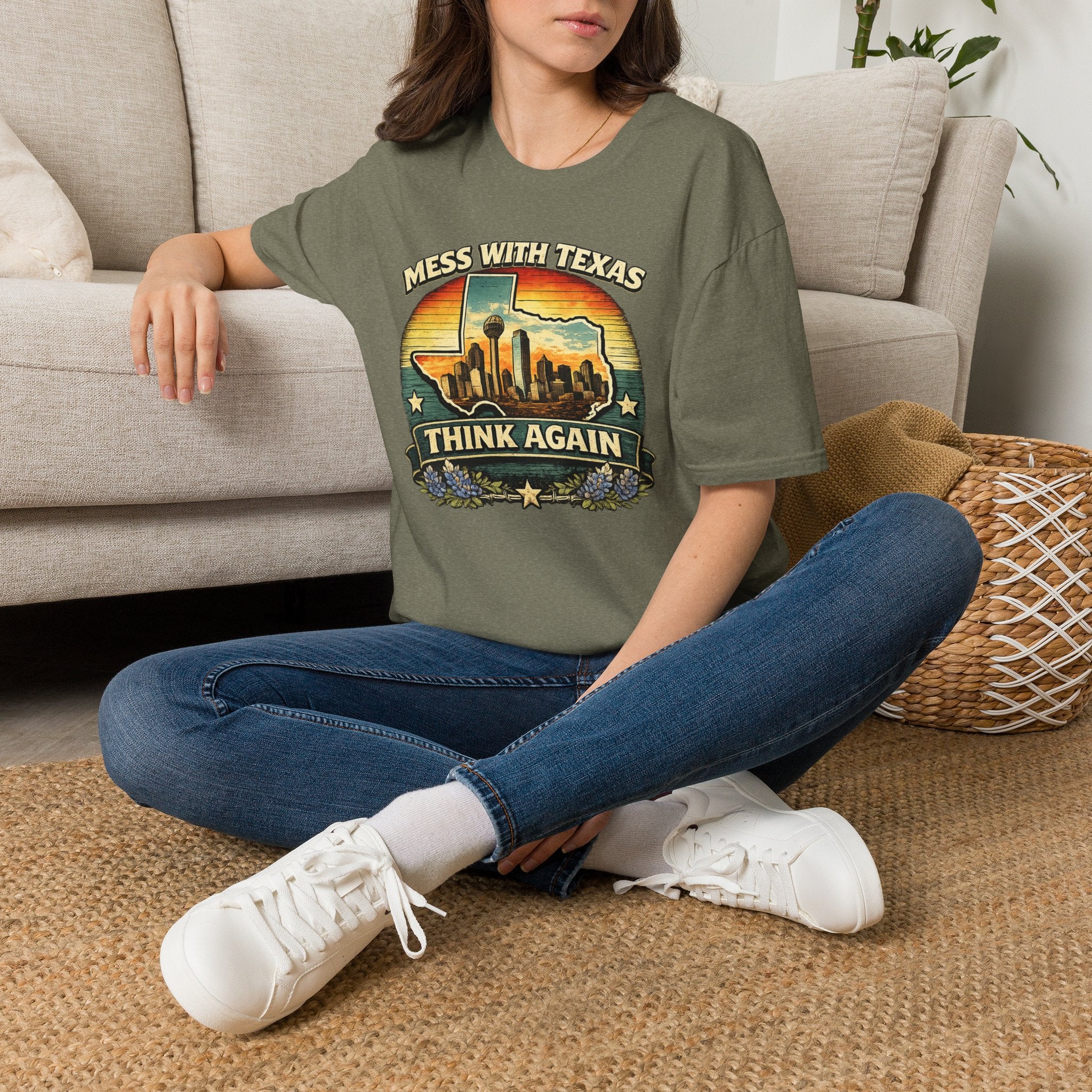 Mess With Texas Think Again Tee Shirt | Texas Skyline Graphic Tee