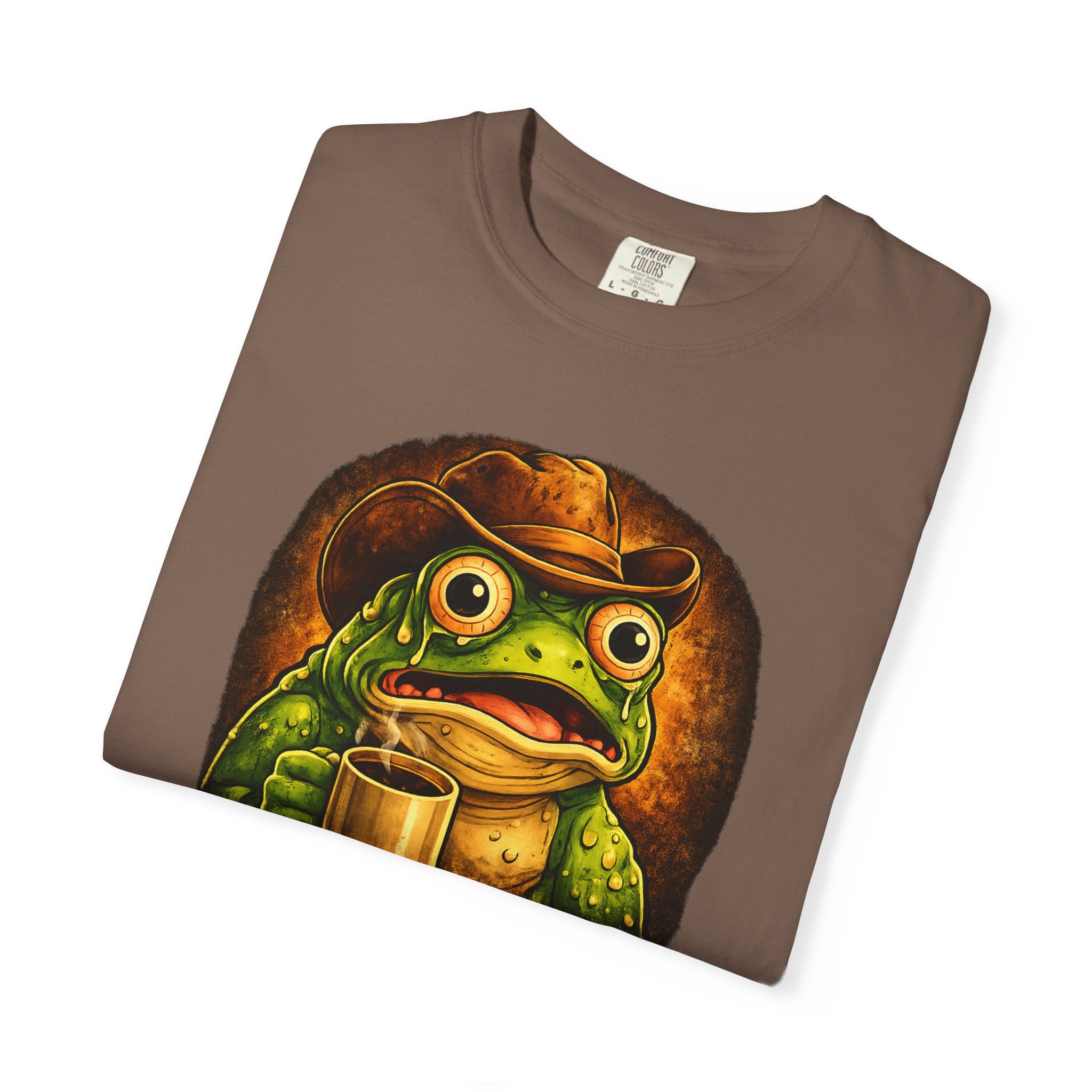 Overstimulated Frog with Coffee T-Shirt | Funny Frog Illustration Tee