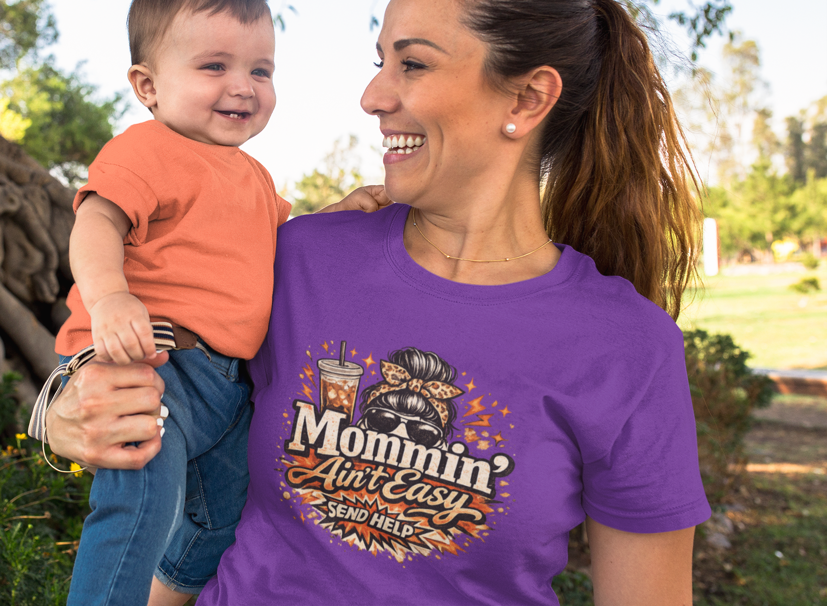 Mommin' Ain't Easy Send Help T-Shirt | Messy Bun Coffee Mom