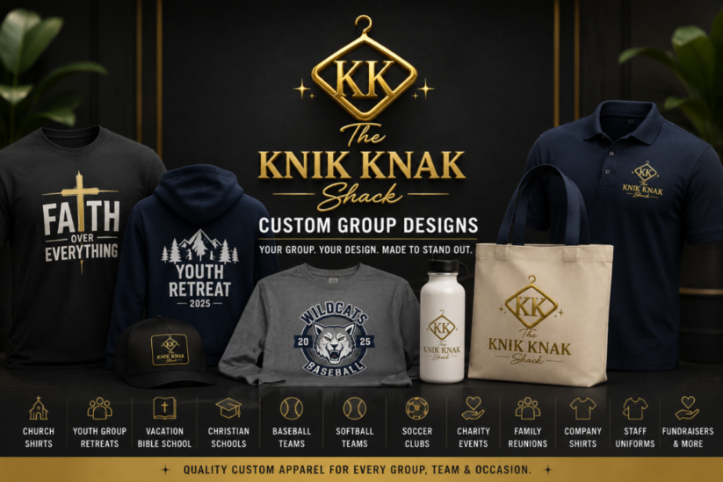 Collection of branded apparel and merchandise with 'The Knik Knak Shack' logo.
