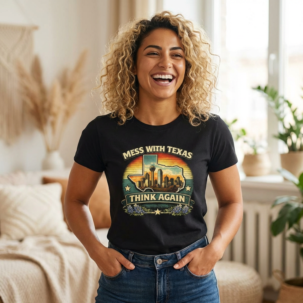 Mess With Texas Think Again Tee Shirt | Texas Skyline Graphic Tee