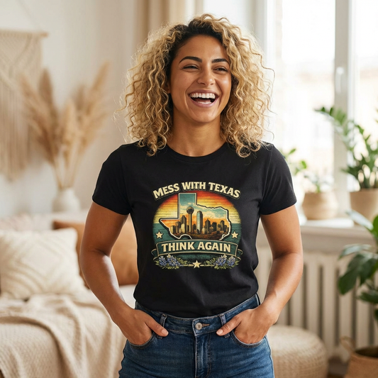 Mess With Texas Think Again Tee Shirt | Texas Skyline Graphic Tee