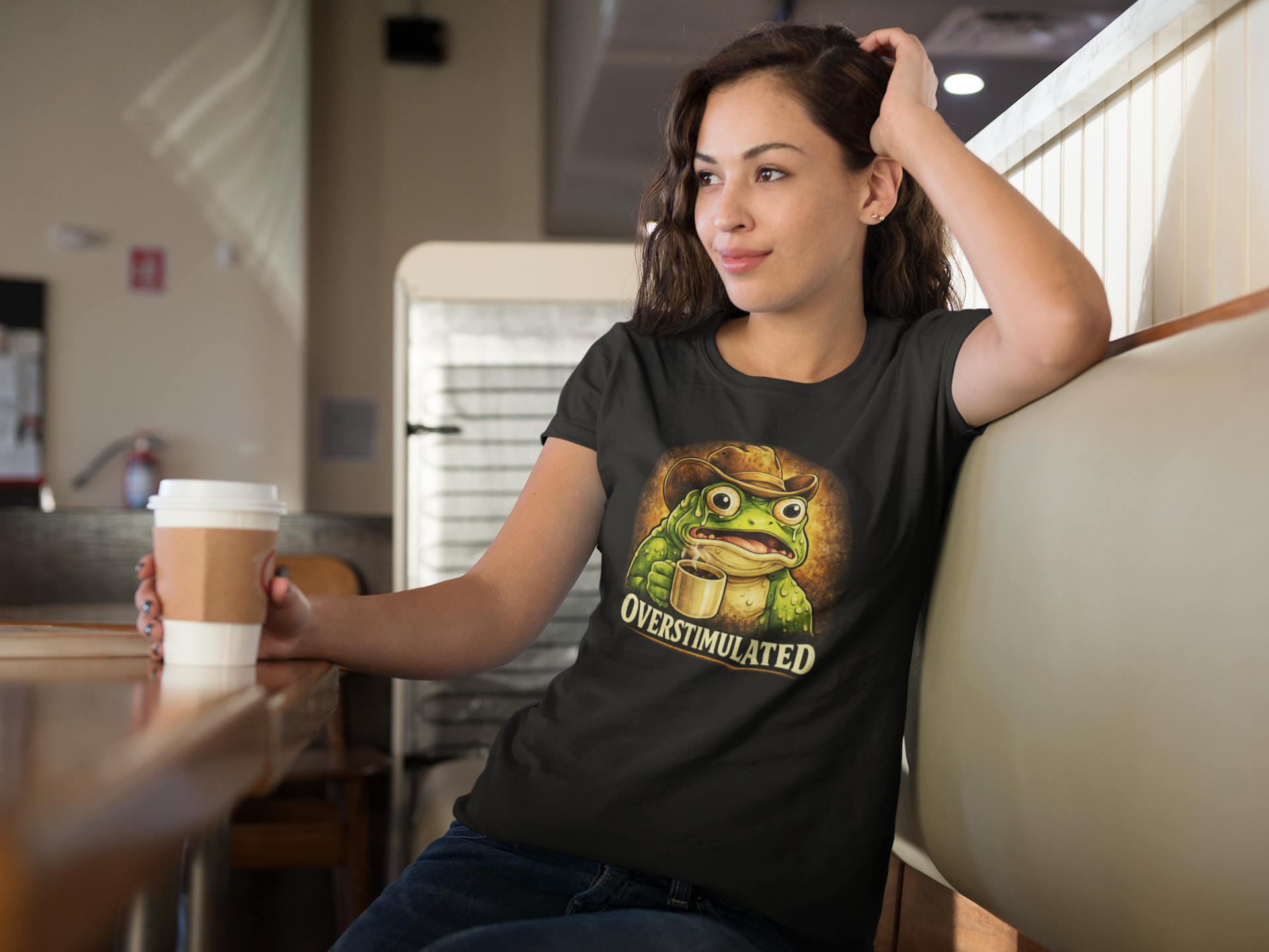 Overstimulated Frog with Coffee T-Shirt | Funny Frog Illustration Tee