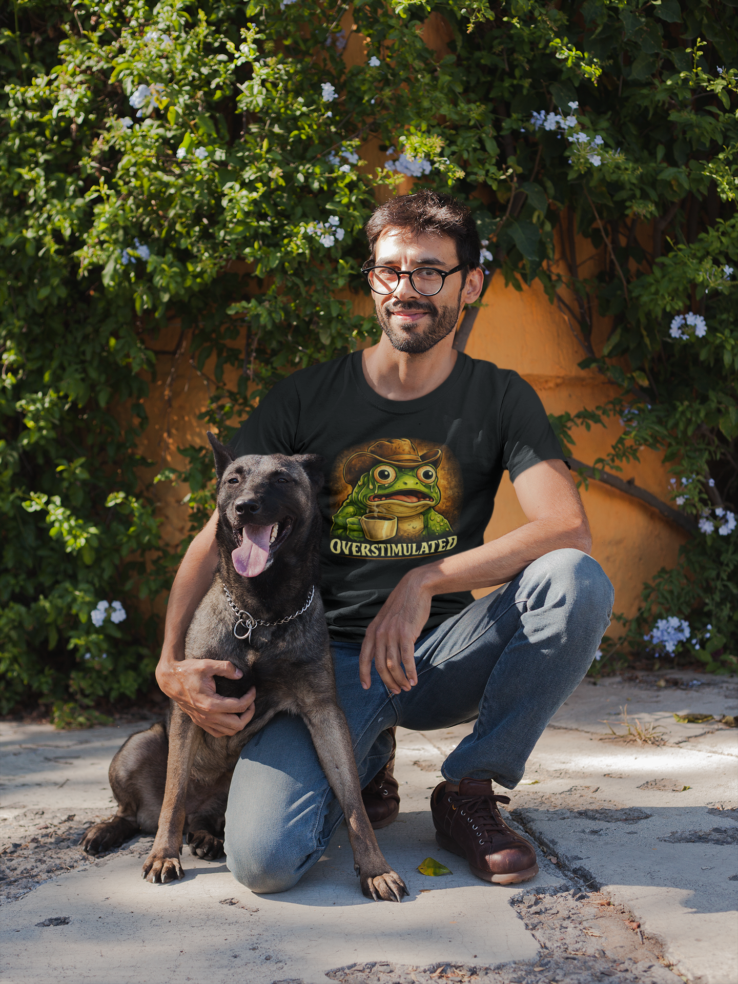 Overstimulated Frog with Coffee T-Shirt | Funny Frog Illustration Tee