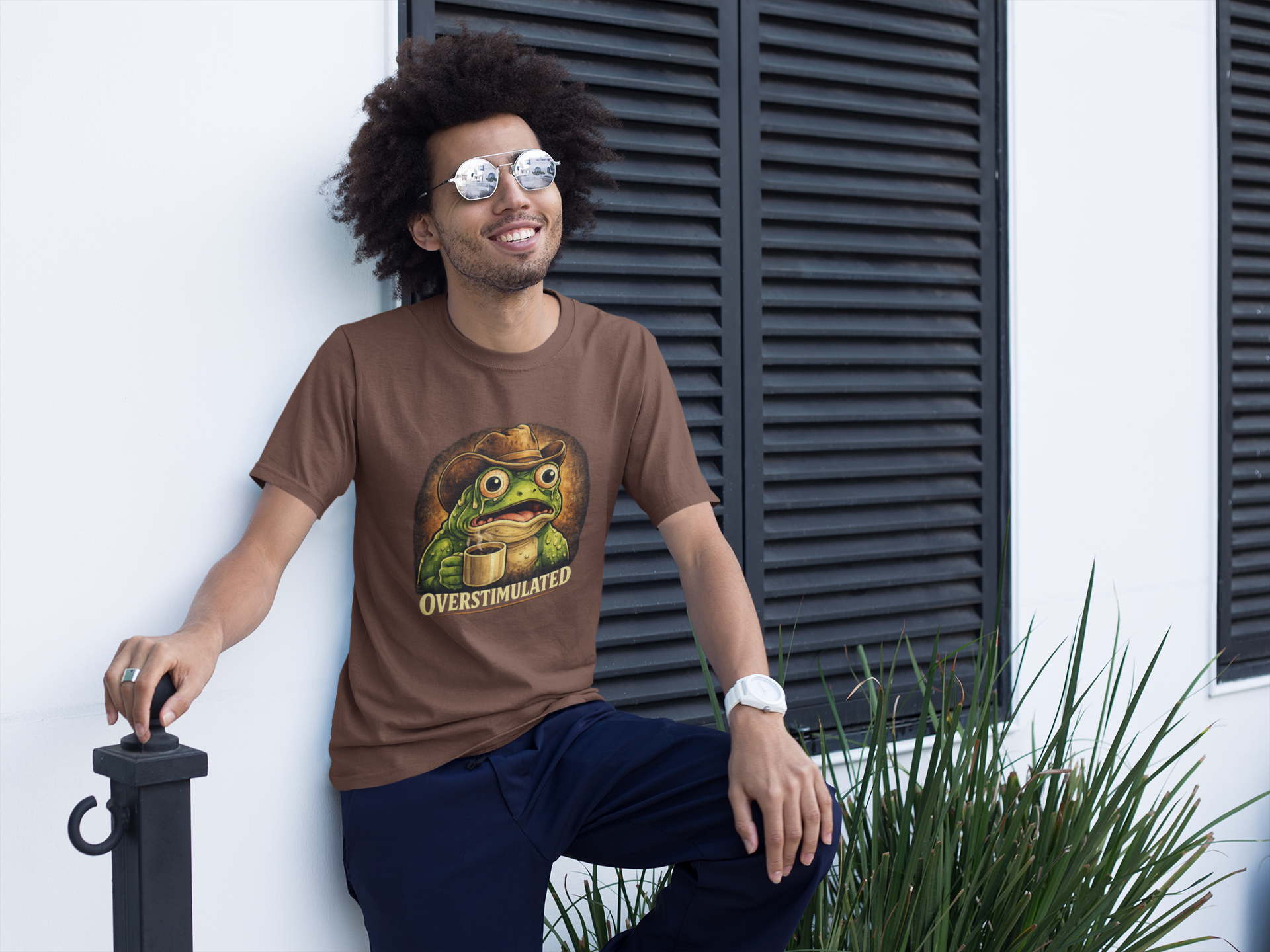 Overstimulated Frog with Coffee T-Shirt | Funny Frog Illustration Tee