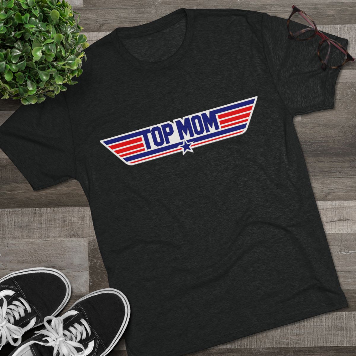 Top Mom Retro Aviation Logo Tee | Patriotic Star Stripes Mom Shirt